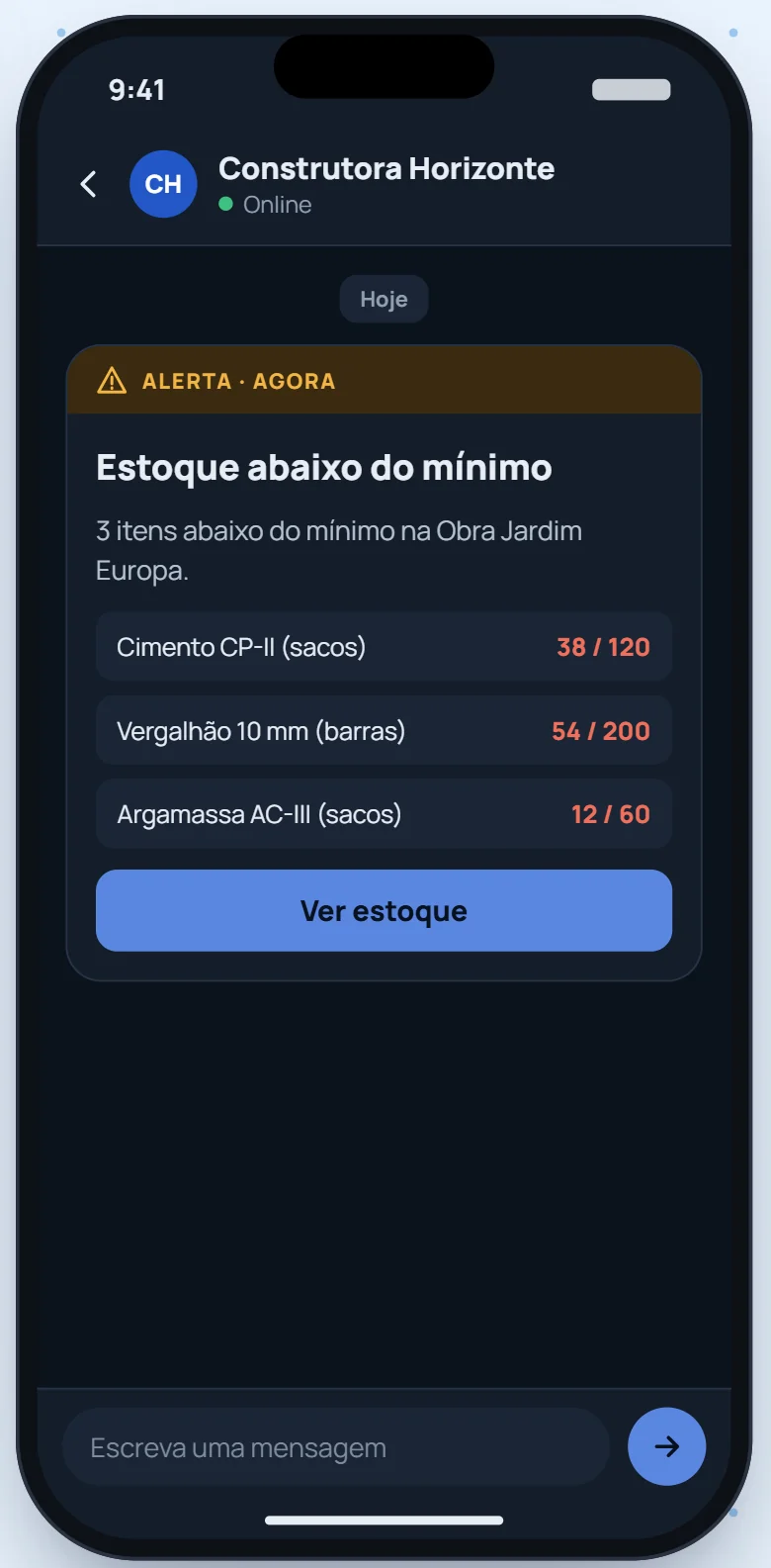 Alerta de estoque abaixo do mínimo no Hyper App, tema escuro