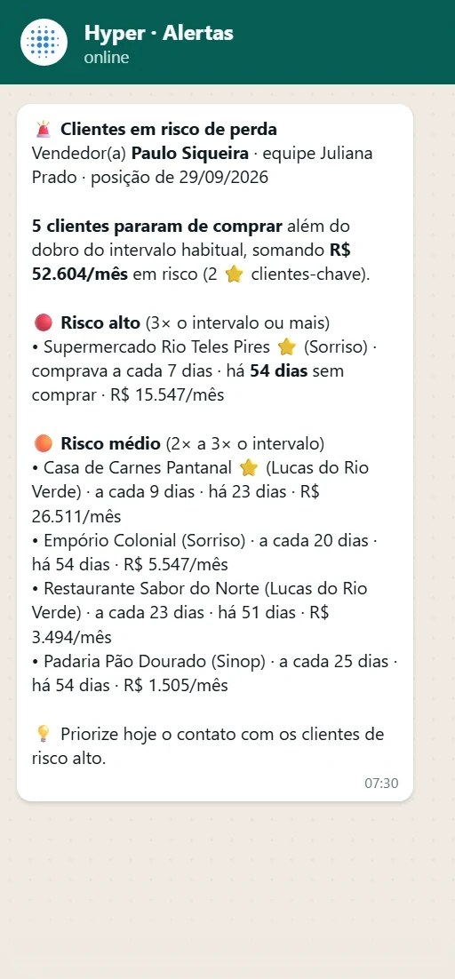 Alerta de clientes em risco de perda no WhatsApp