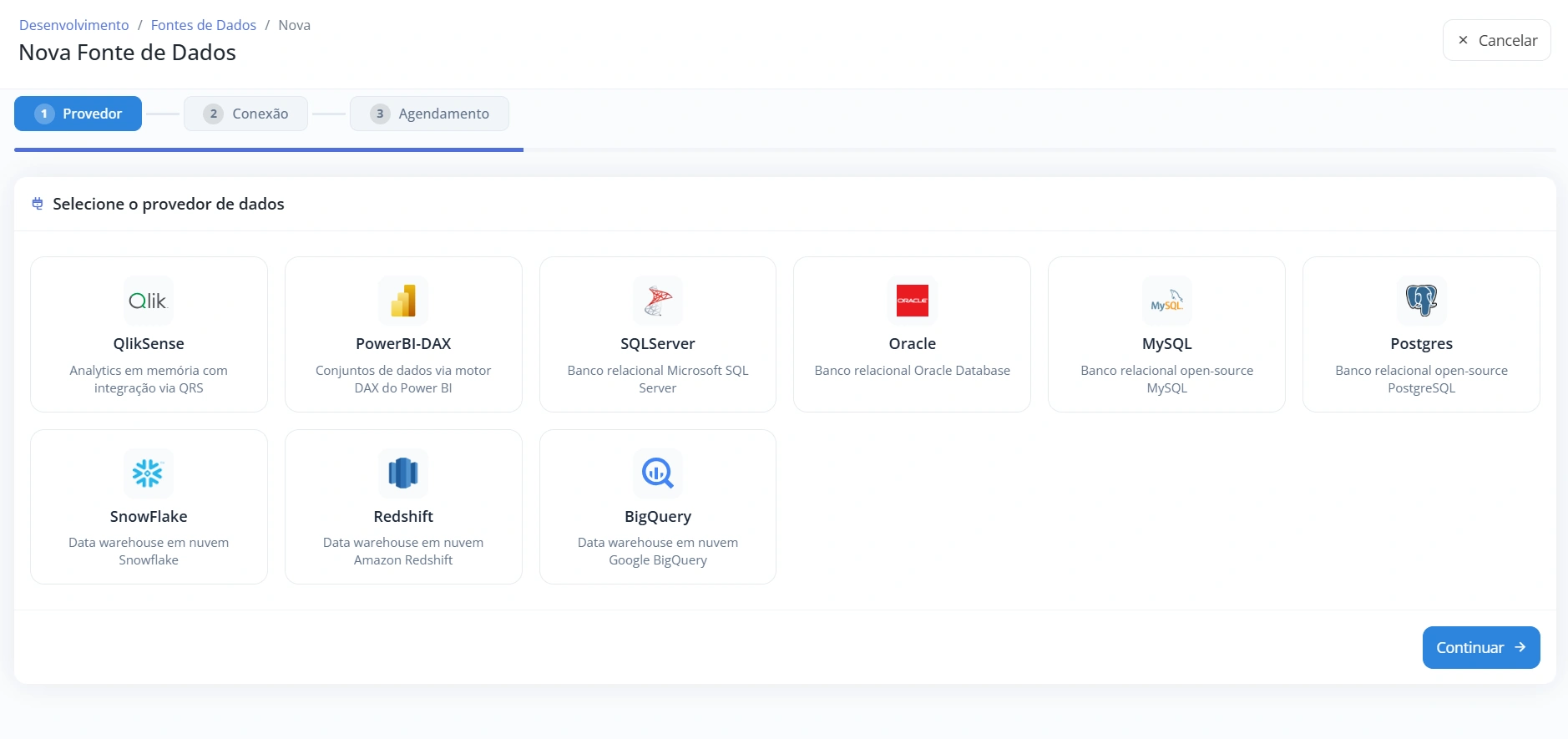 Fonte de dados: a IA conecta o Hyper ao banco do cliente: SQL Server, Oracle, Postgres, MySQL, Snowflake, Redshift, BigQuery, Qlik ou Power BI.