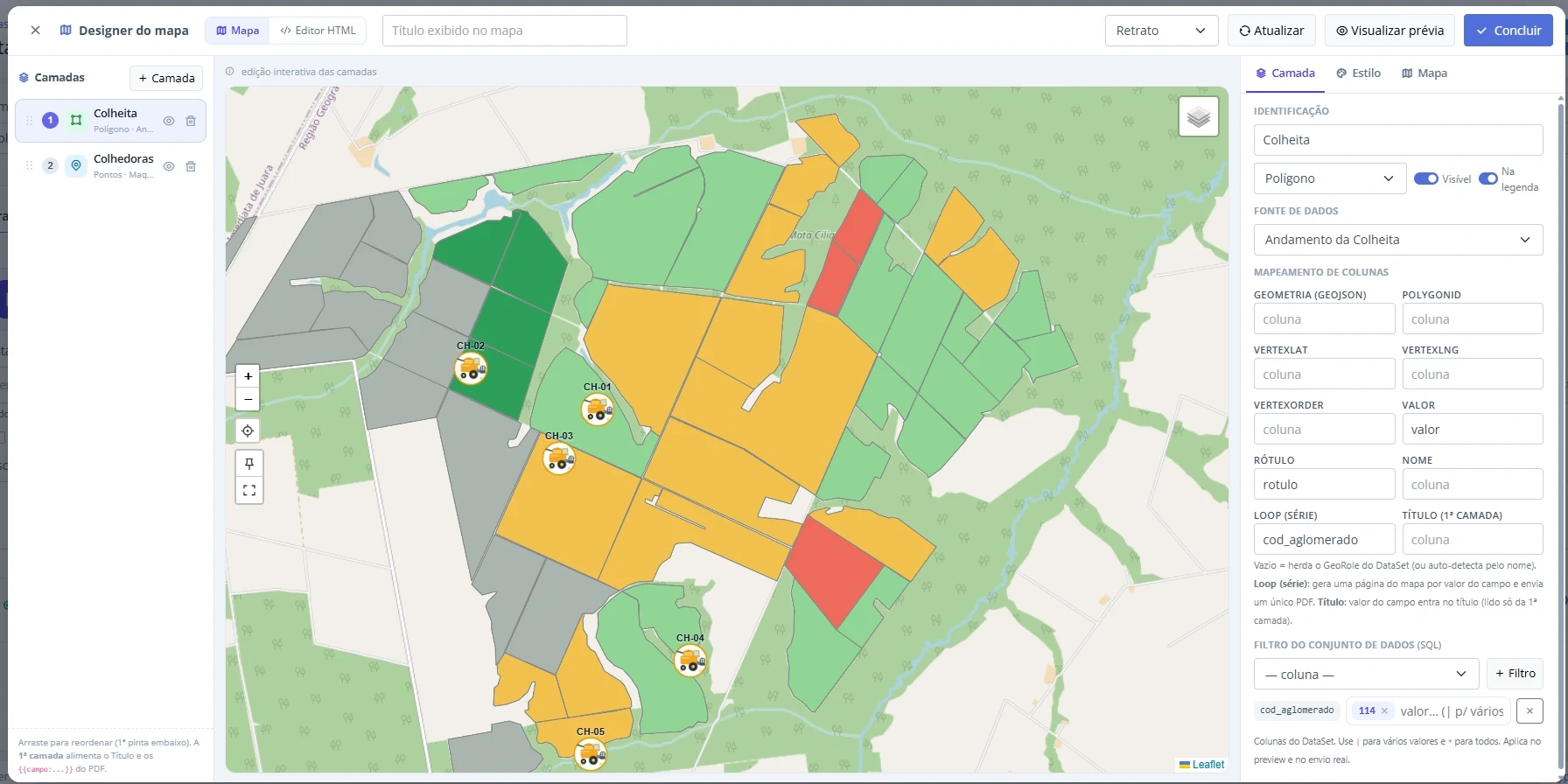 Designer do mapa: camadas de polígonos (talhões por andamento da colheita) e pontos (colhedoras), com o mapeamento de colunas e o filtro do dataset.